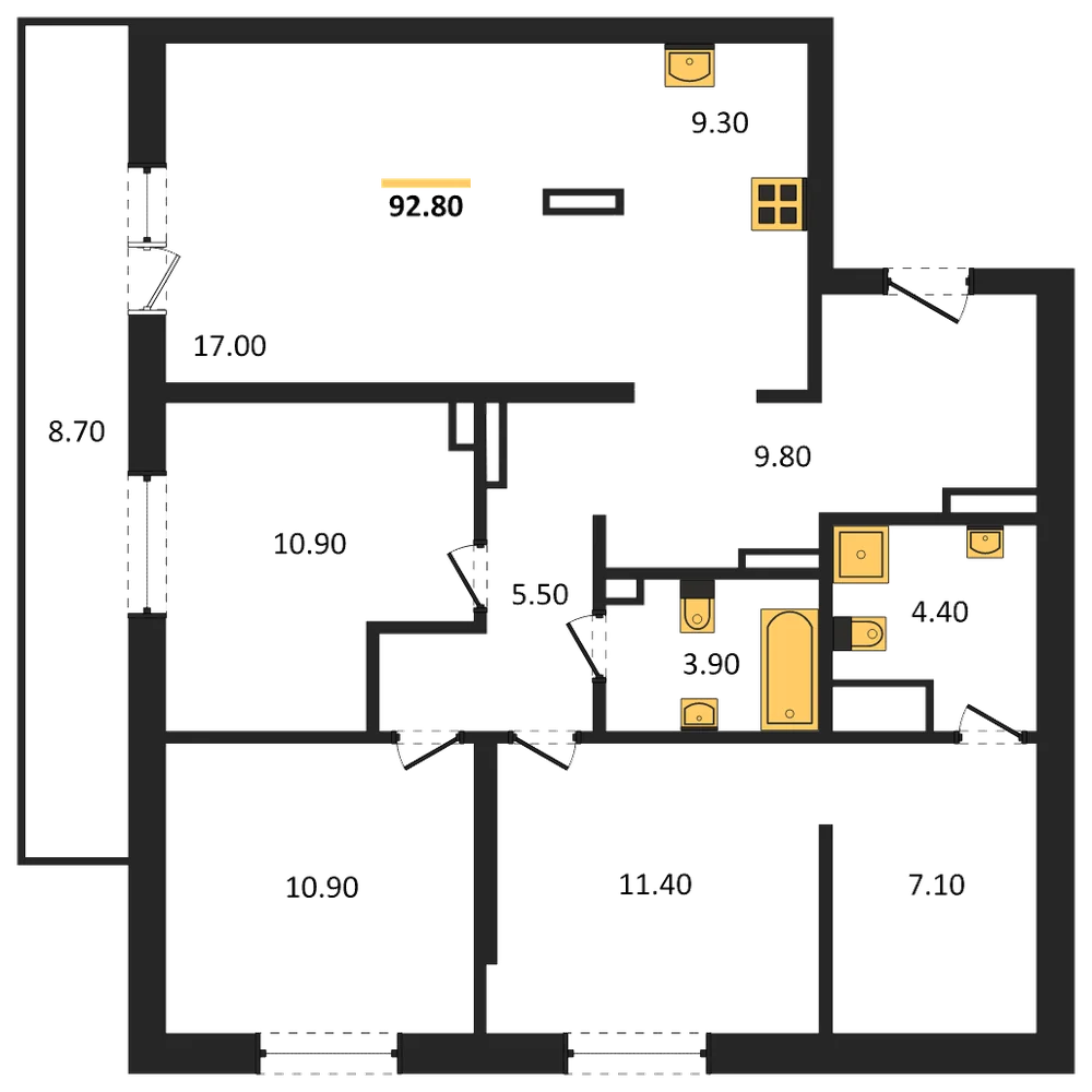 Планировка: 3-комн., 92,8 м²