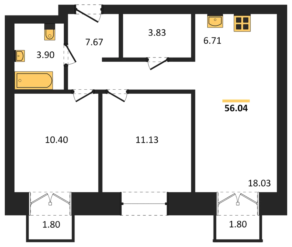 Планировка: 3-комн., 55,7 м²