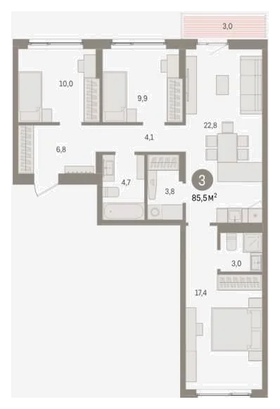 Планировка: 3-комн., 85,5 м²