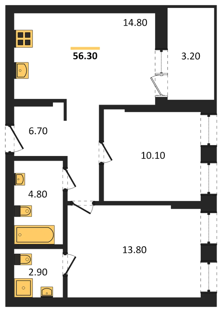 Планировка: 2-комн., 54,7 м²
