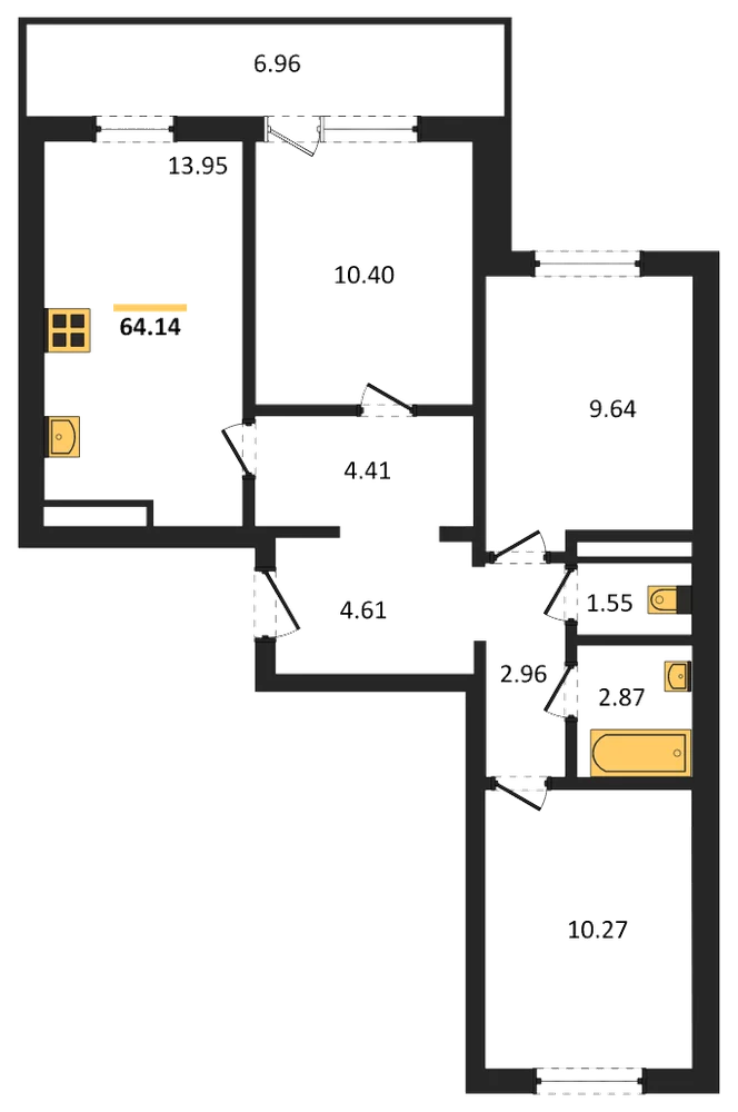 Планировка: 3-комн., 64,1 м²
