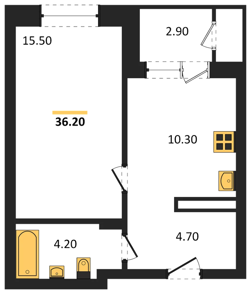 Планировка: 1-комн., 36,2 м²