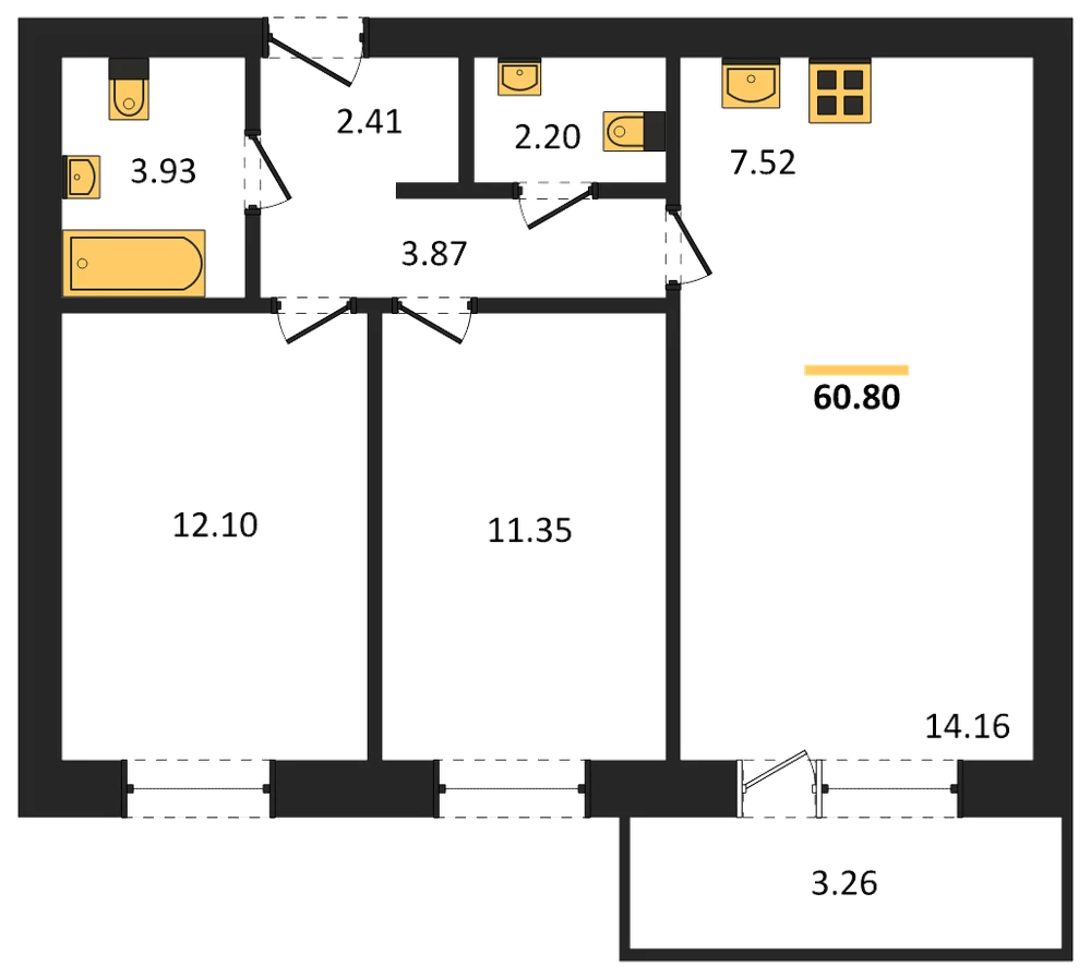 Планировка: 2-комн., 60,8 м²