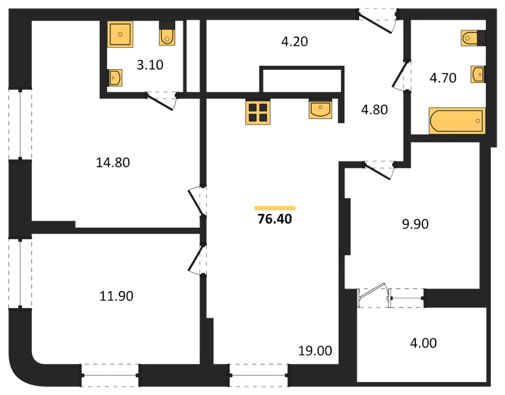 Планировка: 3-комн., 74,4 м²