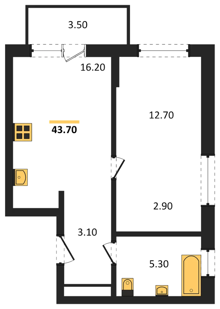 Планировка: 1-комн., 41,3 м²