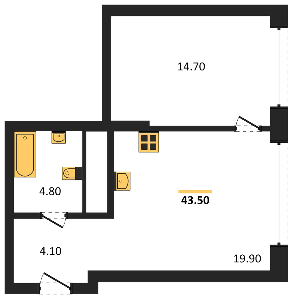 Планировка: 1-комн., 43,5 м²