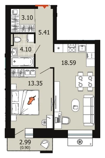 Планировка: 1-комн., 45,5 м²
