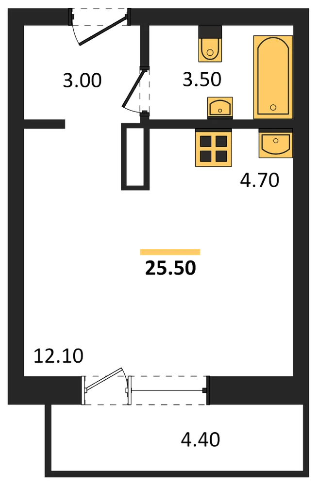 Планировка: Студия, 25,5 м²