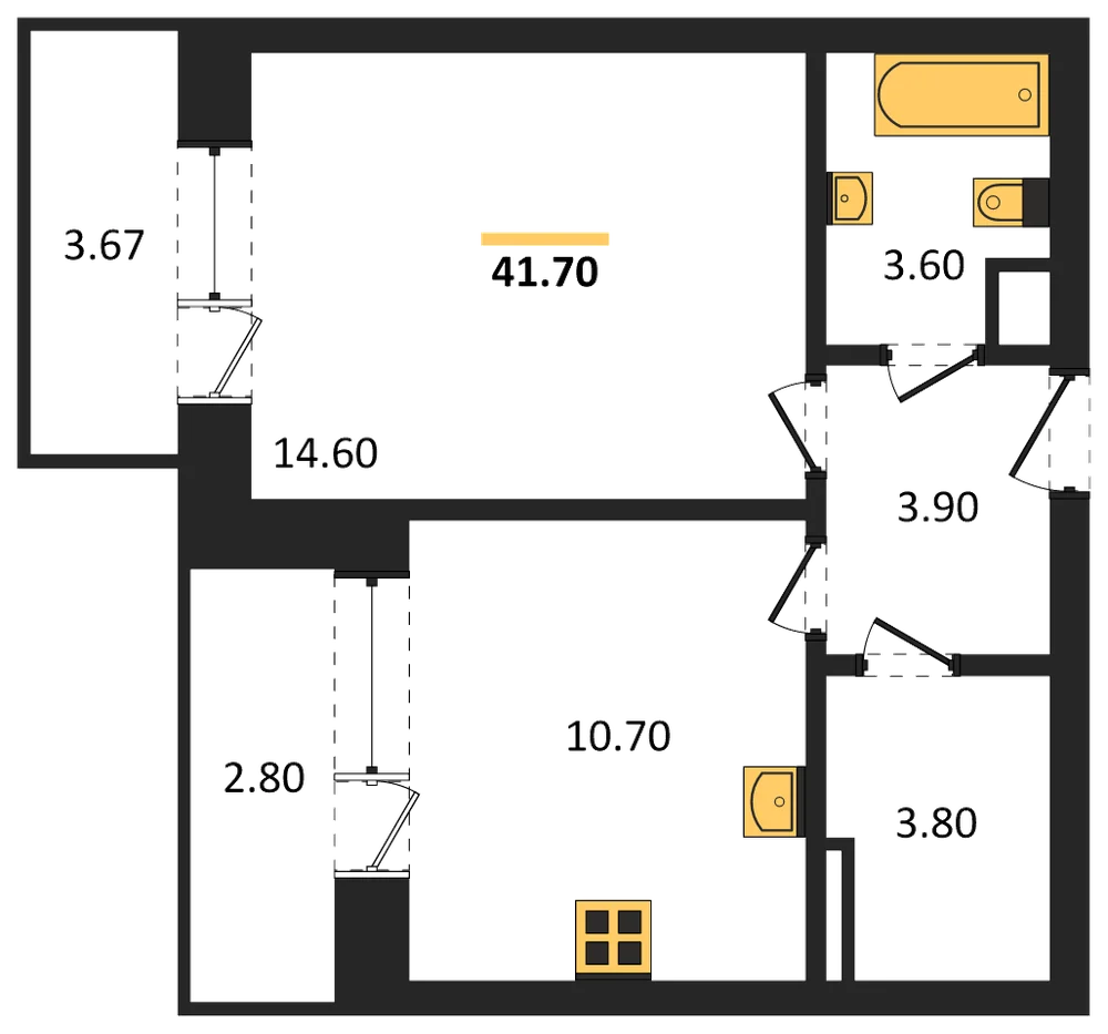 Планировка: 1-комн., 41,7 м²