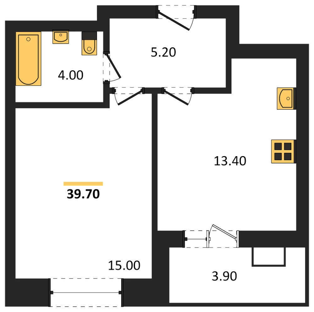 Планировка: 1-комн., 39,7 м²