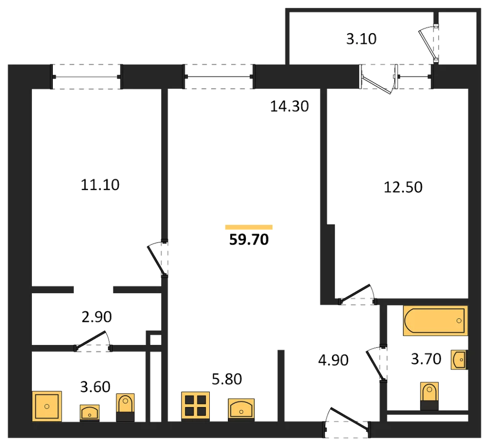 Планировка: 2-комн., 59,7 м²