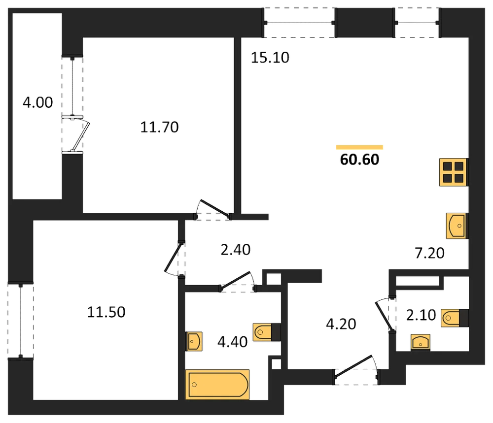 Планировка: 2-комн., 60,6 м²