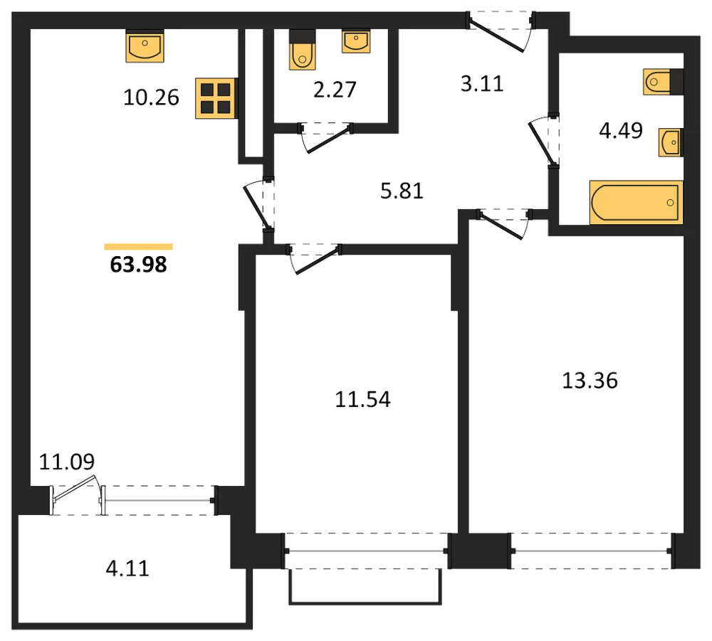 Планировка: 2-комн., 64 м²