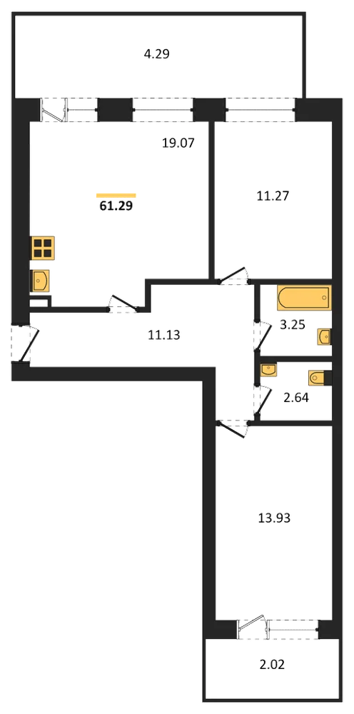 Планировка: 2-комн., 61,3 м²