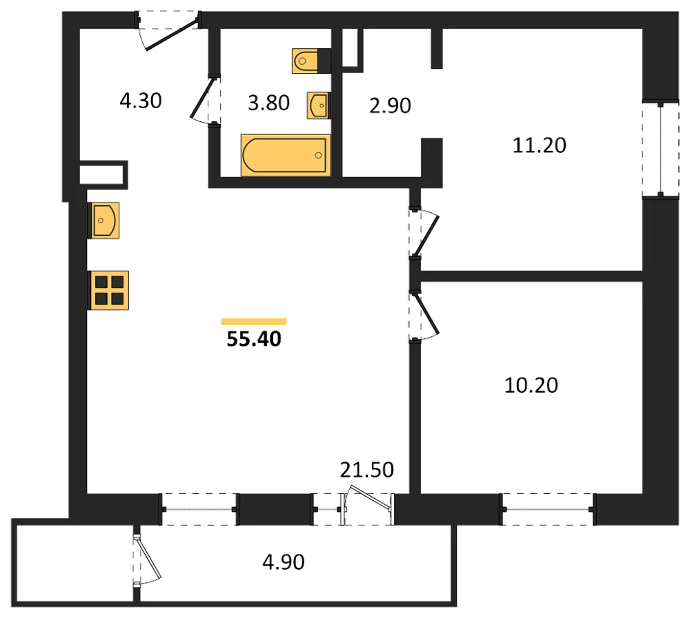 Планировка: 2-комн., 55,4 м²