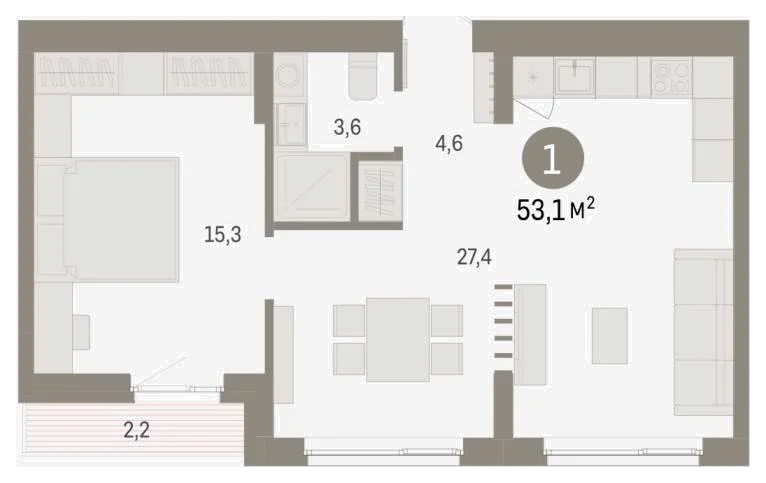 Планировка: 1-комн., 53,1 м²