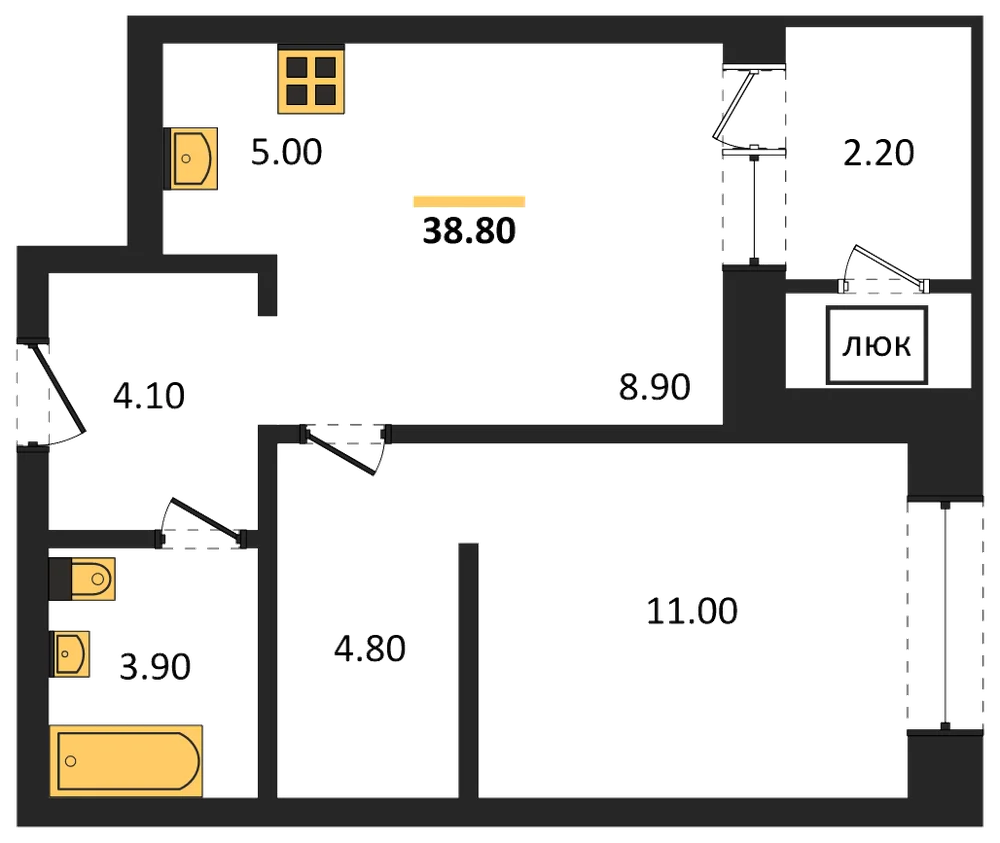 Планировка: 2-комн., 38,8 м²