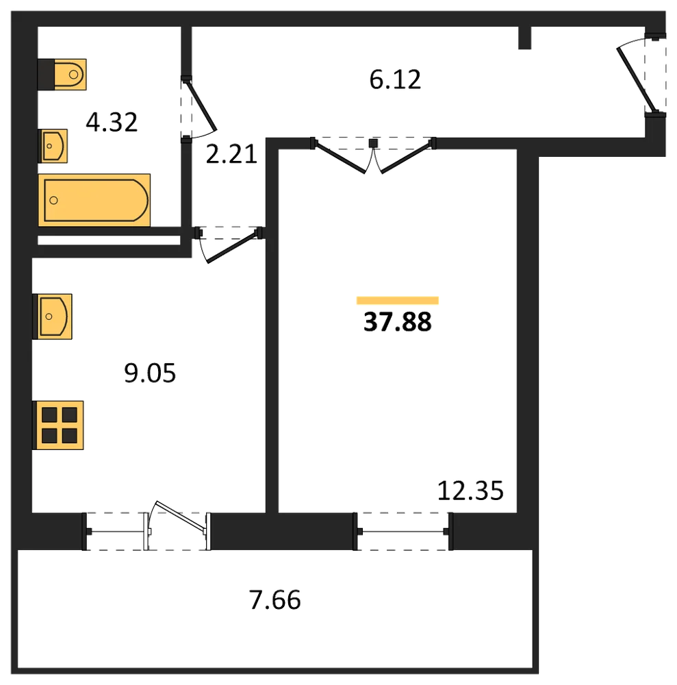 Планировка: 1-комн., 37,9 м²