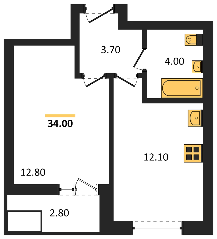Планировка: 1-комн., 34 м²