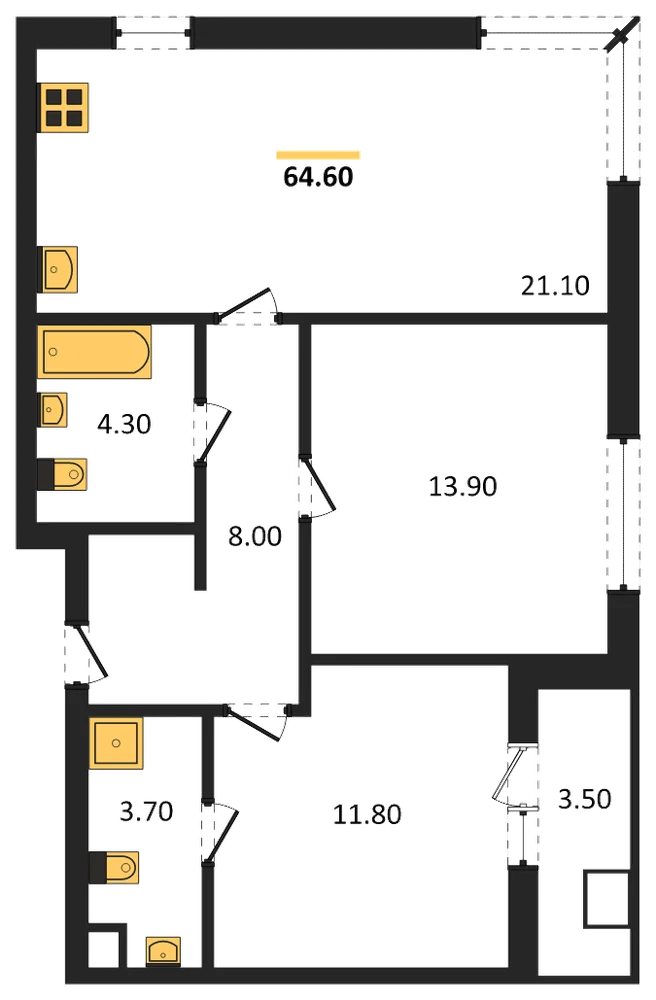 Планировка: 2-комн., 64,6 м²