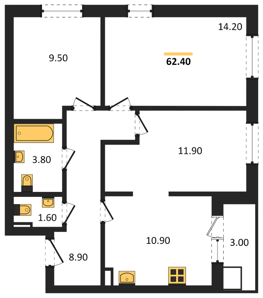 Планировка: 2-комн., 62,4 м²