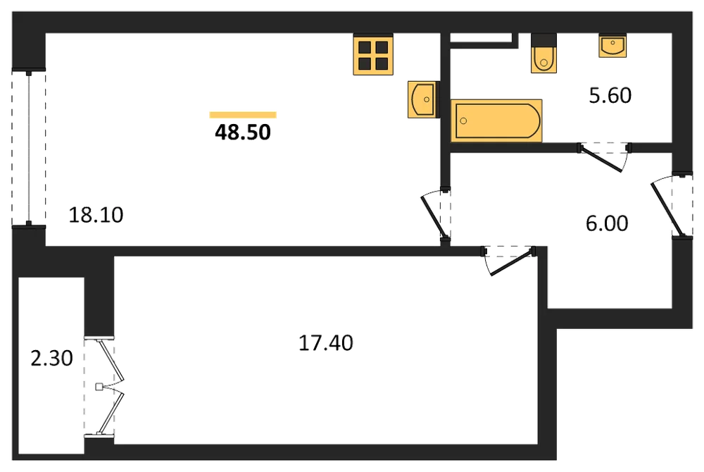 Планировка: 1-комн., 47,9 м²