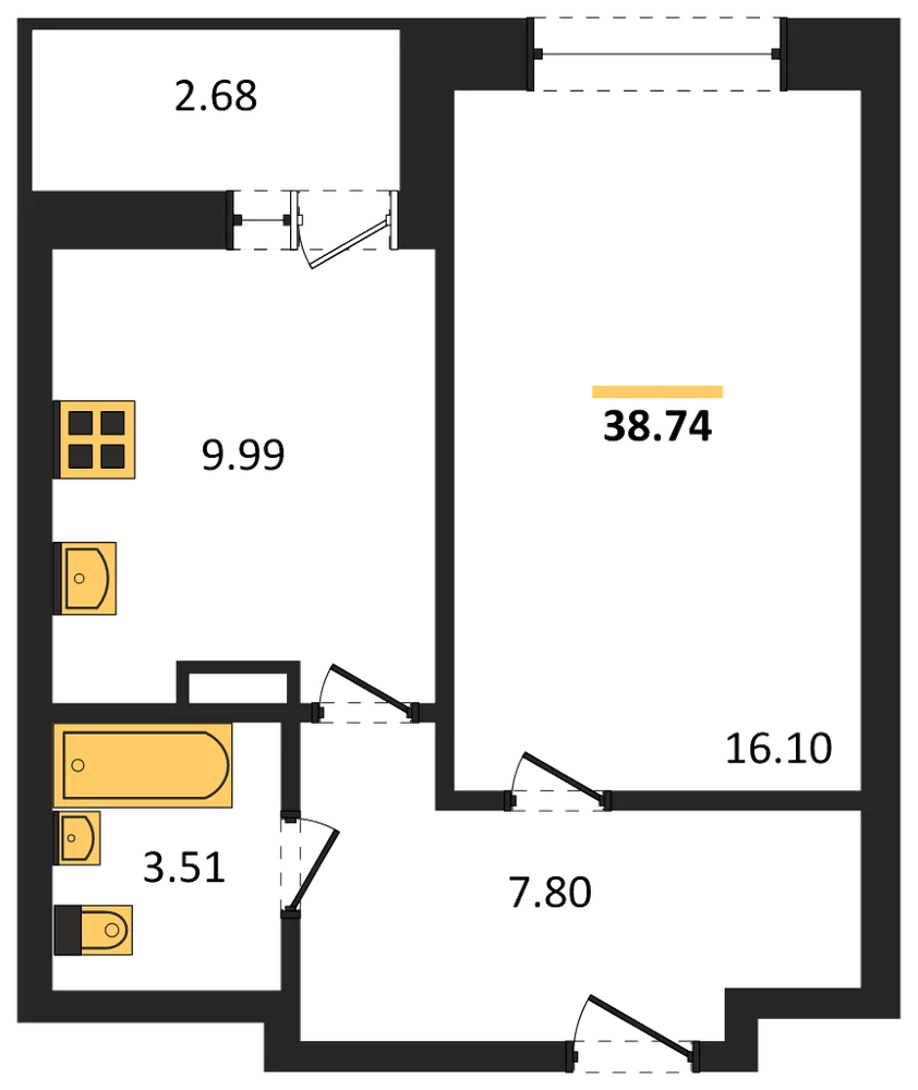 Планировка: 1-комн., 38,7 м²