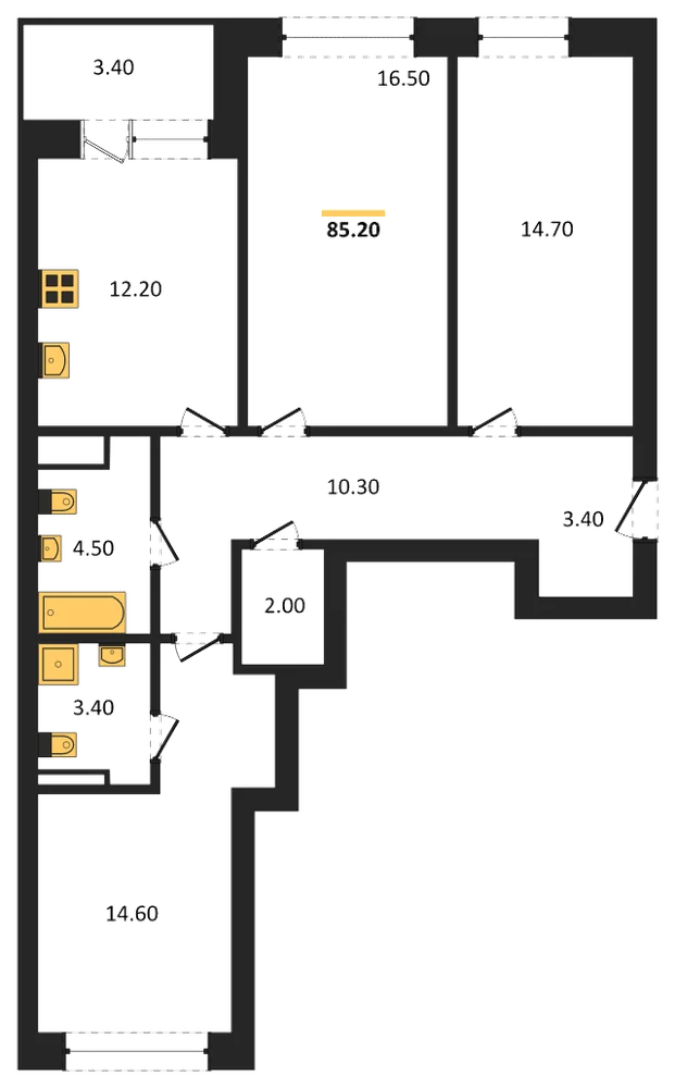 Планировка: 3-комн., 85,2 м²