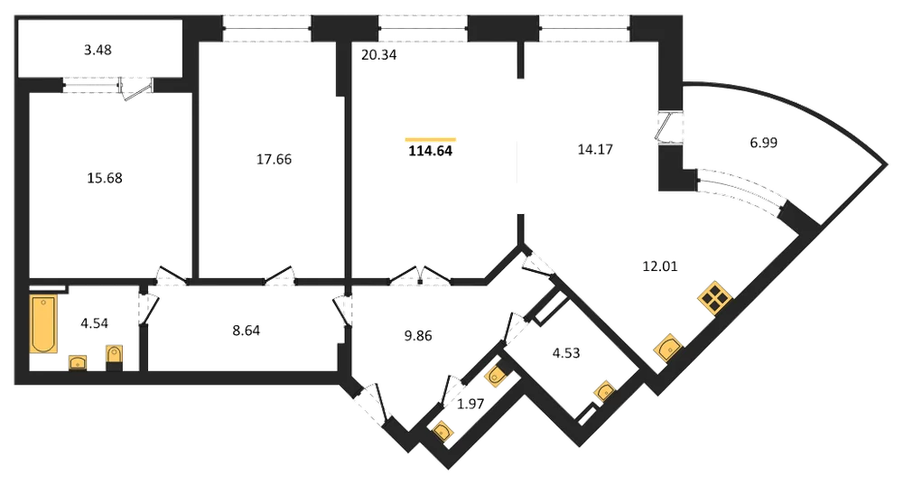 Планировка: 3-комн., 114,9 м²