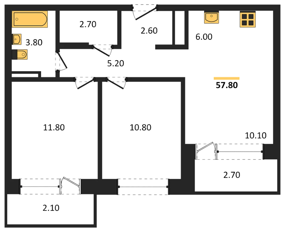 Планировка: 2-комн., 57,8 м²