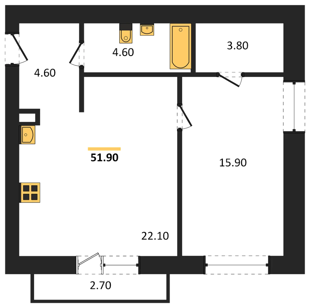 Планировка: 1-комн., 51,9 м²