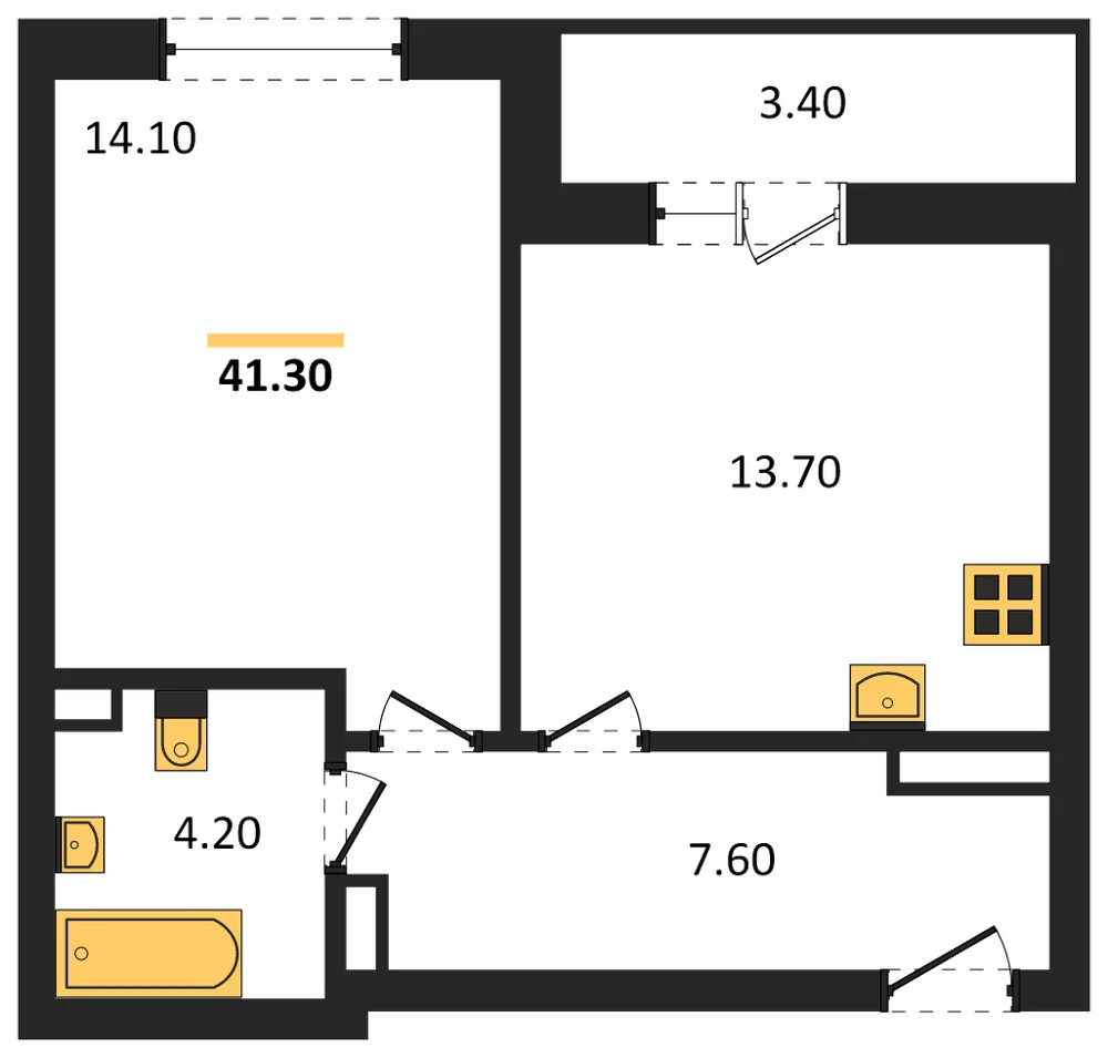 Планировка: 1-комн., 41,3 м²