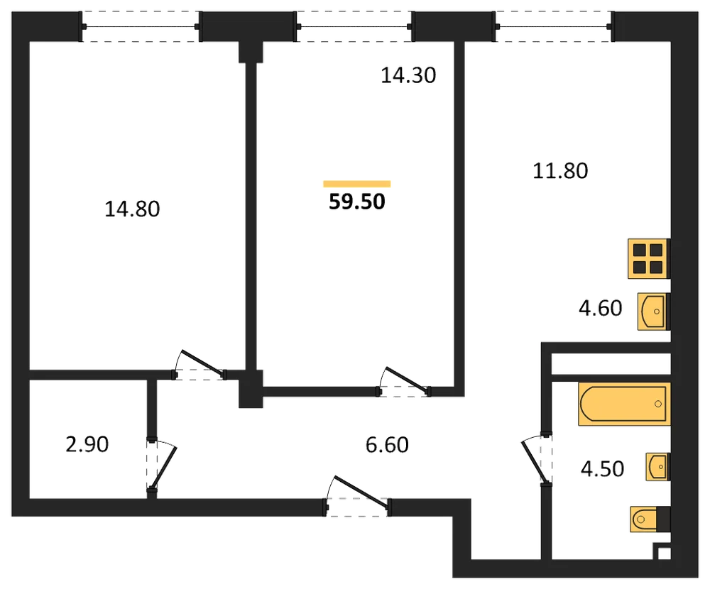 Планировка: 2-комн., 59,5 м²