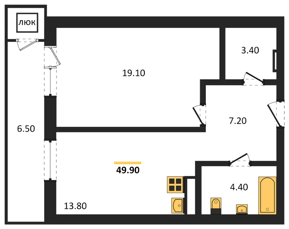 Планировка: 1-комн., 49,9 м²
