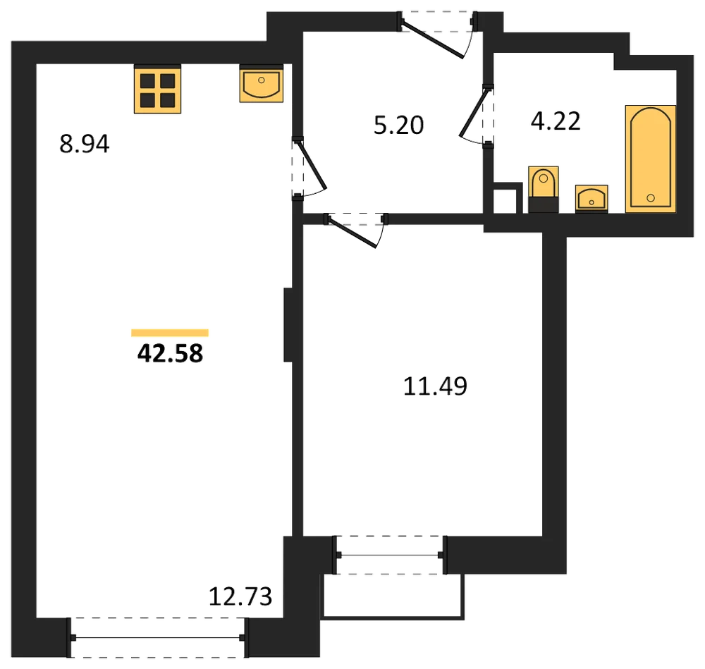 Планировка: 1-комн., 42,6 м²