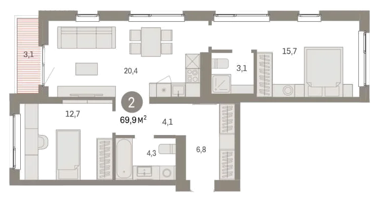 Планировка: 2-комн., 69,9 м²