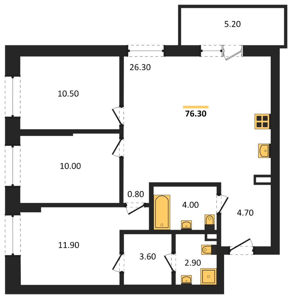 Планировка: 3-комн., 76,3 м²
