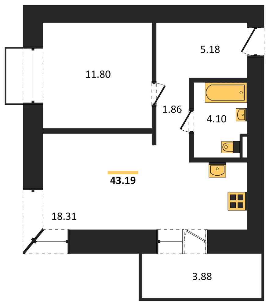 Планировка: 1-комн., 43,2 м²