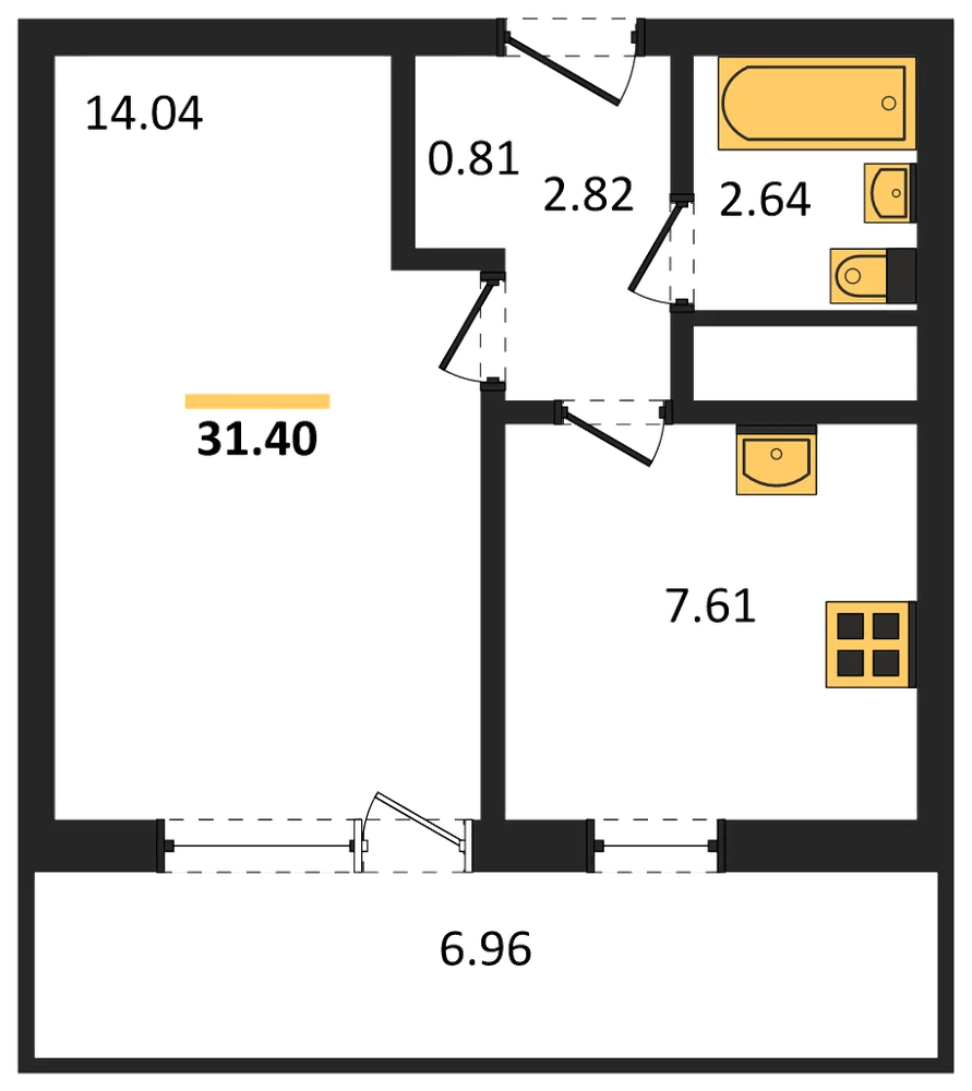 Планировка: 1-комн., 31,4 м²