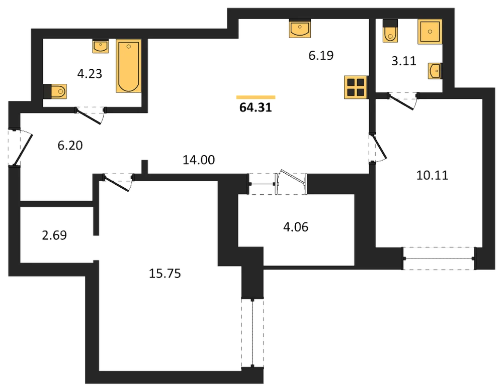 Планировка: 2-комн., 64,3 м²