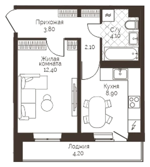 Планировка: 1-комн., 33,4 м²