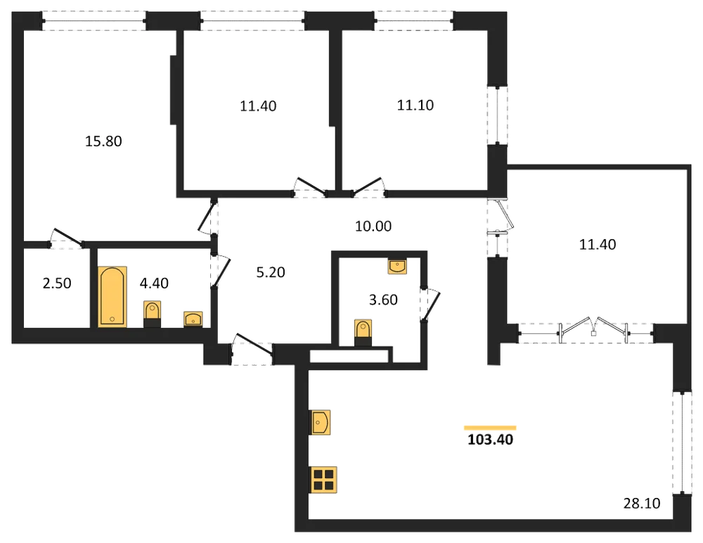 Планировка: 3-комн., 103,4 м²