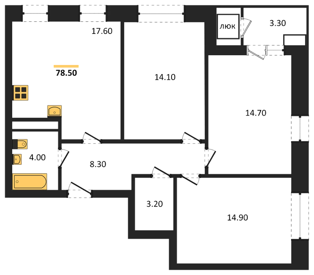 Планировка: 3-комн., 78,5 м²