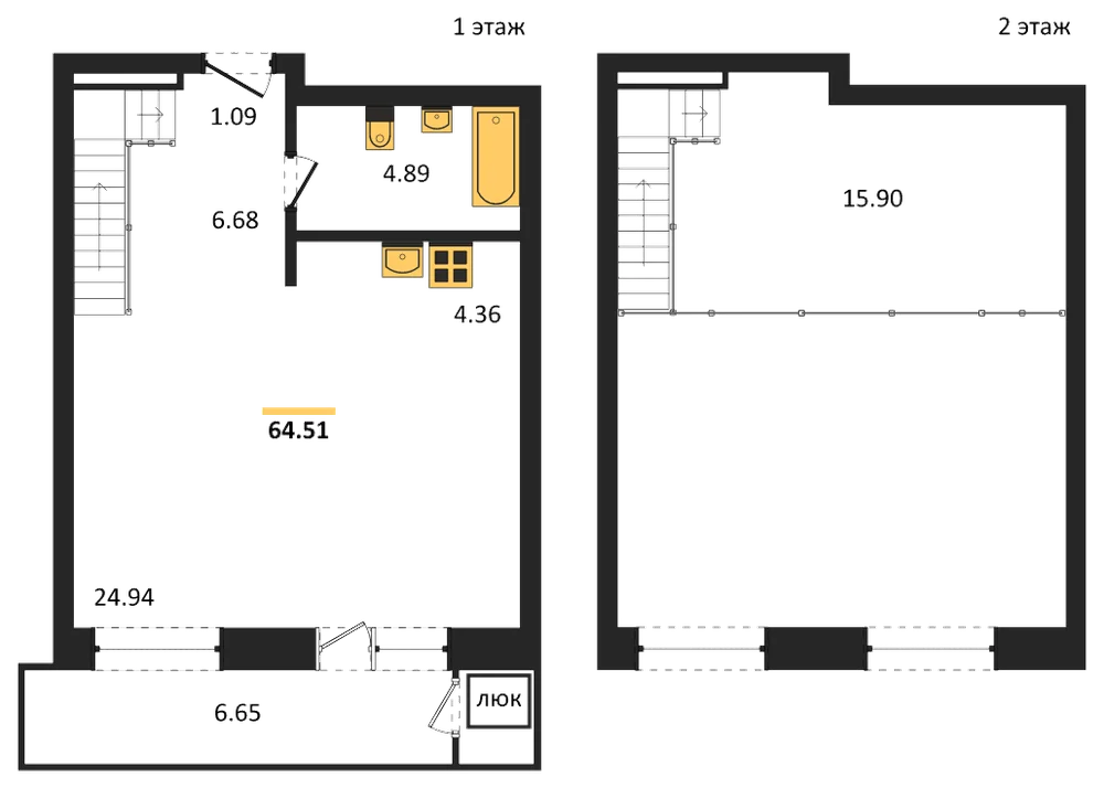 Планировка: 1-комн., 64,5 м²