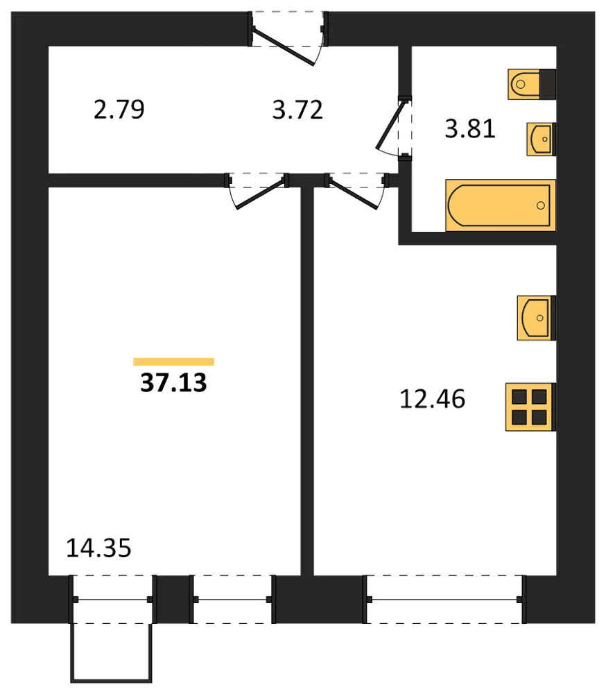 Планировка: 1-комн., 37,1 м²