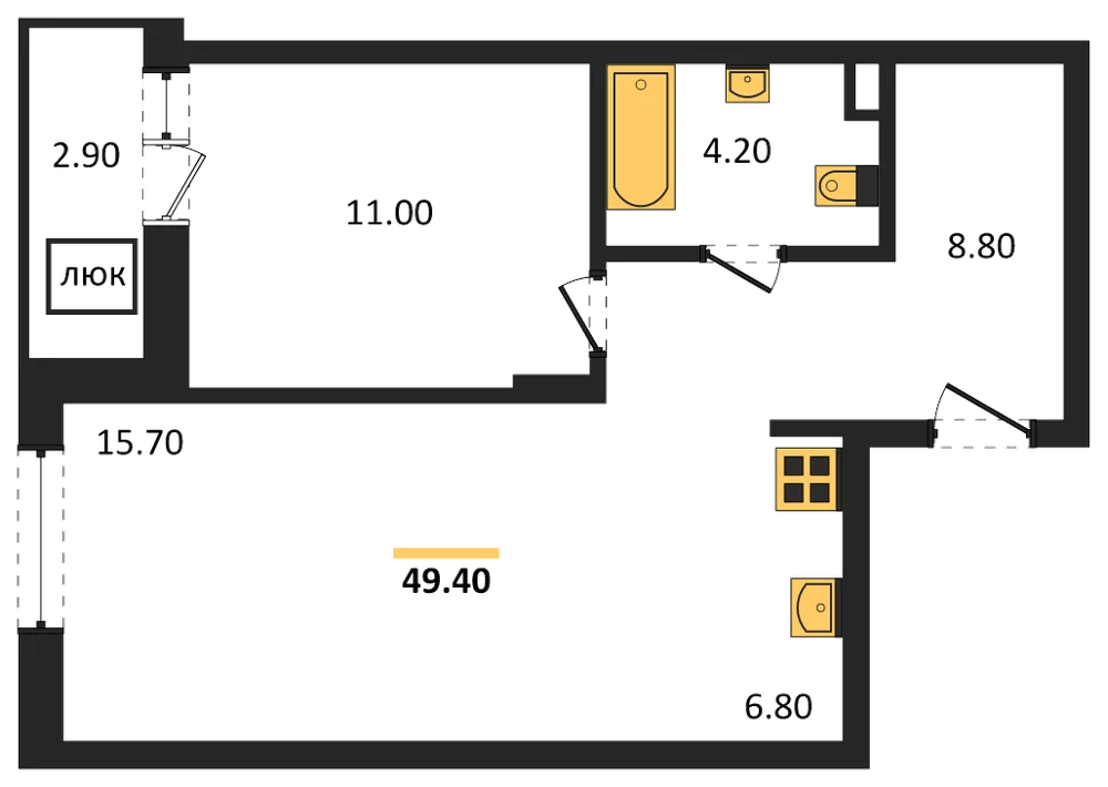 Планировка: 1-комн., 49,4 м²