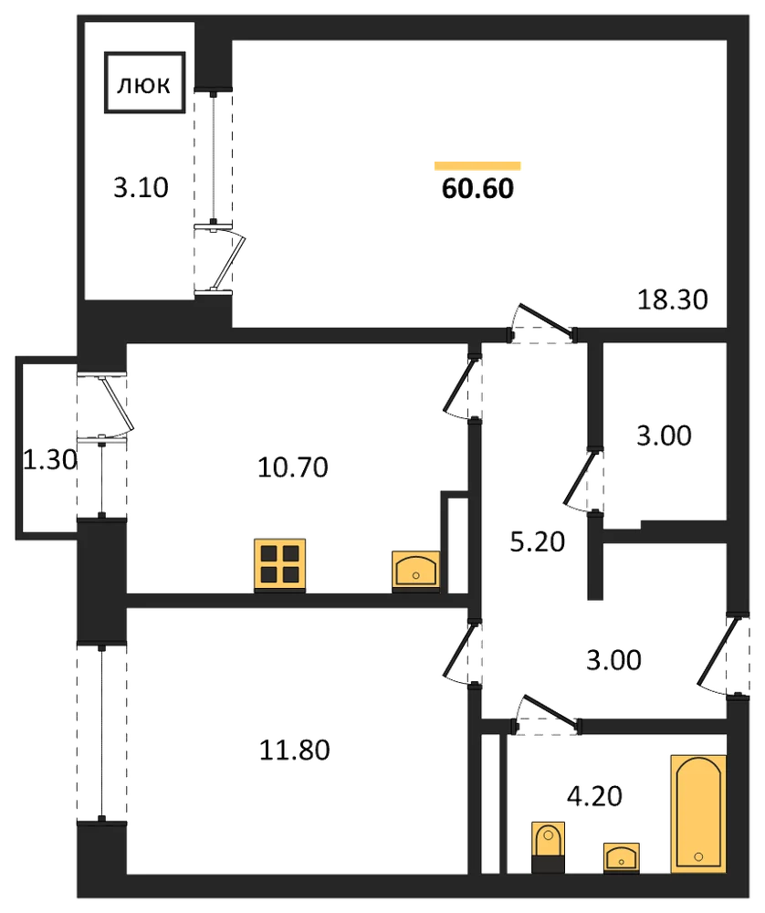 Планировка: 2-комн., 60,6 м²