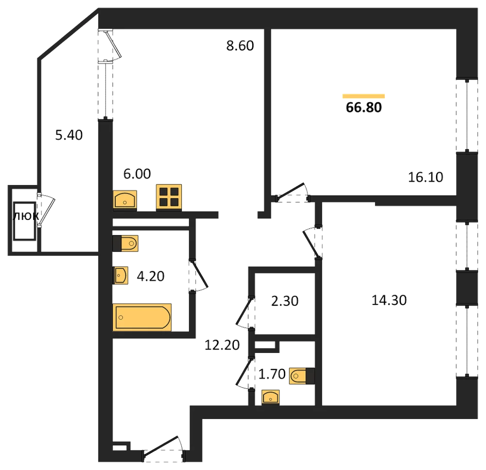 Планировка: 2-комн., 66,8 м²
