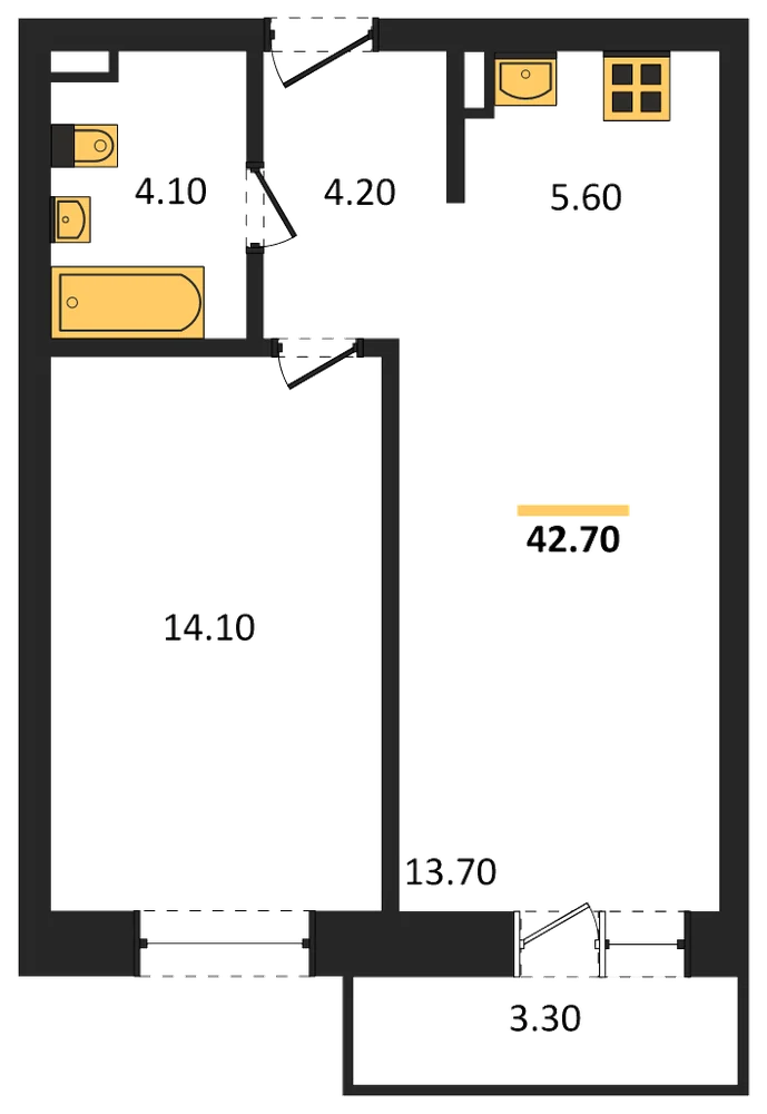 Планировка: 1-комн., 42,7 м²