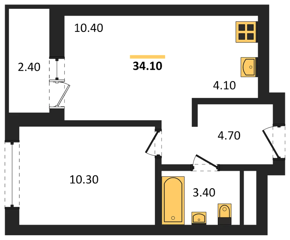 Планировка: 1-комн., 34,1 м²
